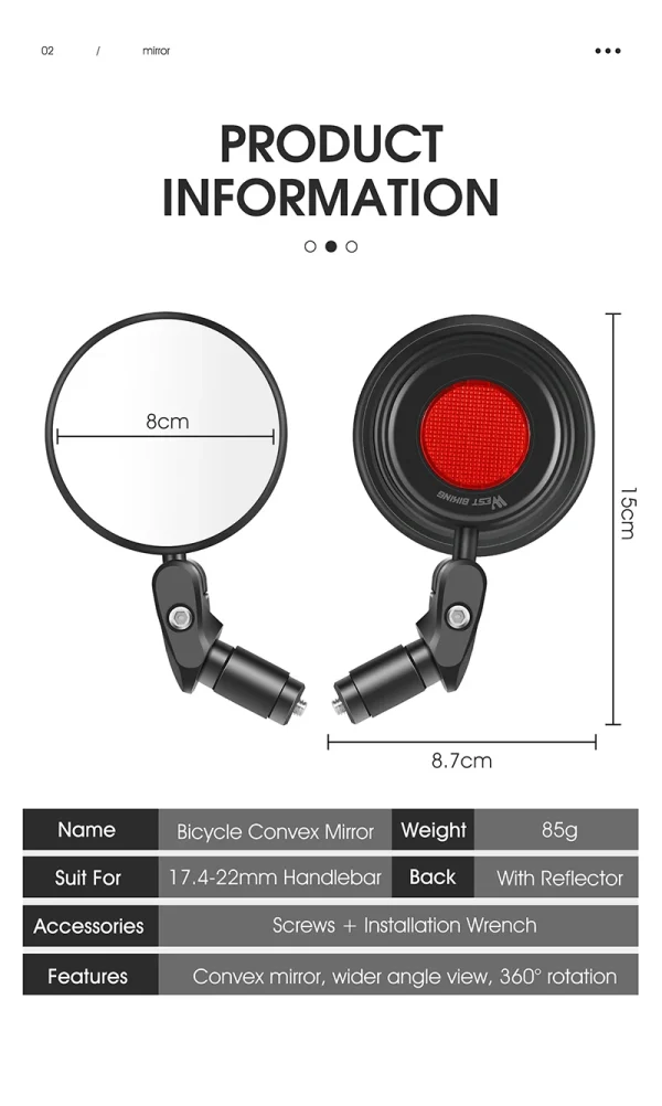 WEST BIKING Bicycle Rearview Mirror 360° Rotation Adjustable Bike Mirror HD Convex Bike Bar Ends Mirror Cycling Accessories - Image 11