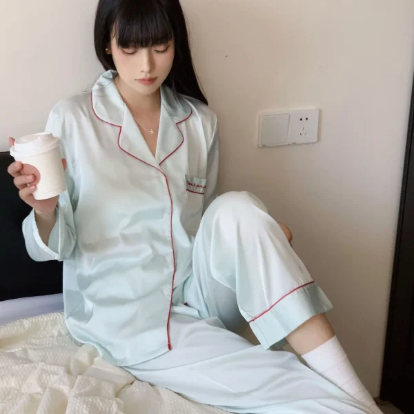 Green Satin Sleepwear Lounge Wear Female Long Sleeve Pajamas Trouser Suits Intimate Lingerie Casual Home Wear Pyjama Pour Femme - Image 14