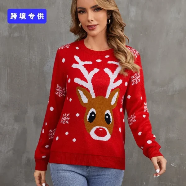 Red Christmas Knitted Sweater Women's Round Neck Hoodie Long Sleeve Elk Snowflake Cartoon Pattern Sweater Autumn New Item 2024 - Image 4
