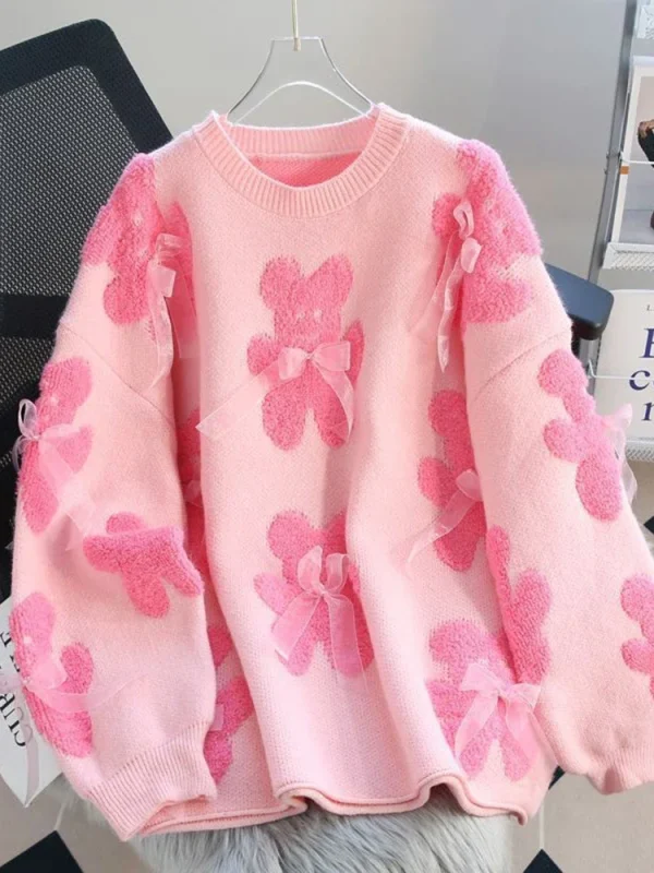 Jmprs Cute Bear Print Sweaters Women Lazy Wind Long Sleeve Bow Knitted Pullovers Korean Fashion Loose Female O Neck Sweet Tops - Image 3
