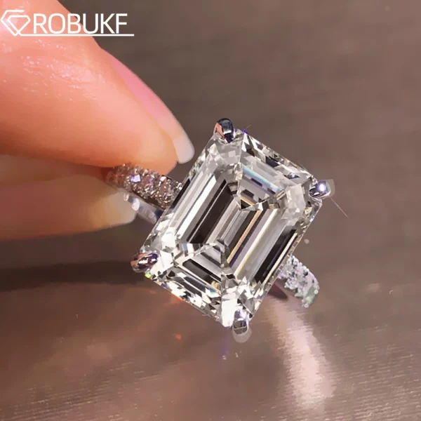 Emerald/Radiant Cut Real Full Moissanite Ring for Women 8*10mm D Color Diamond 925 Sterling Silver Wedding Band with Certificate