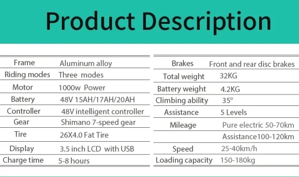 CHINA US 1000W Off-road Electric Bike 26 inch 4.0 Fat Tire Outdoor Sports Mountain Bike 20Ah Battery Adult Bike 40km/h ebike - Image 9