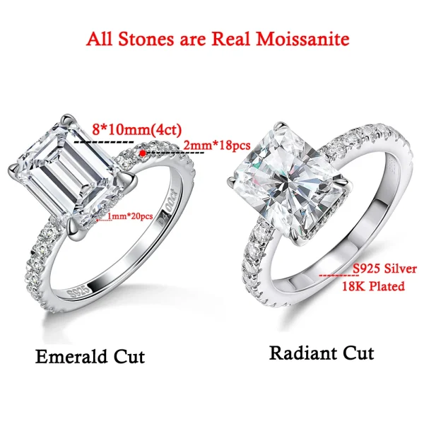 Emerald/Radiant Cut Real Full Moissanite Ring for Women 8*10mm D Color Diamond 925 Sterling Silver Wedding Band with Certificate - Image 5