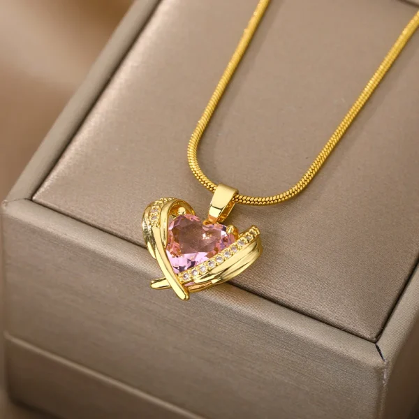 Bohemia Pink Cubic Zirconia Necklace For Women Stainless Steel Heart Wings Pendant Necklaces Crystal Choker Couple Jewerly Gift - Image 3