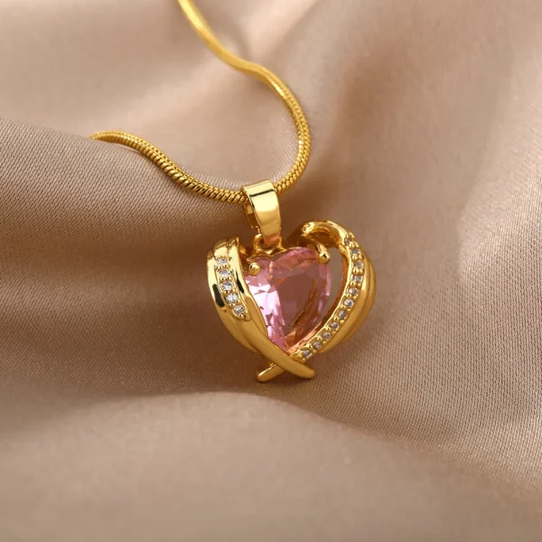Bohemia Pink Cubic Zirconia Necklace For Women Stainless Steel Heart Wings Pendant Necklaces Crystal Choker Couple Jewerly Gift - Image 2