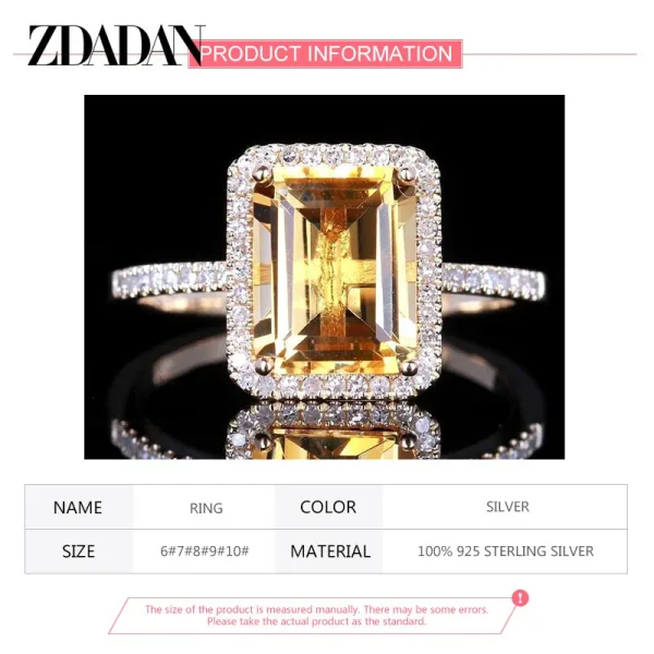 ZDADAN 925 Sterling Silver Fashion Square Gemstone Ring For Women Wedding Jewelry Gift - Image 6