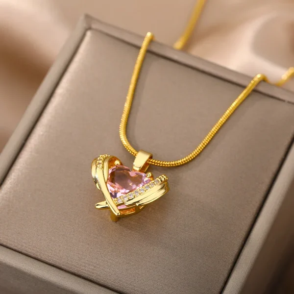 Bohemia Pink Cubic Zirconia Necklace For Women Stainless Steel Heart Wings Pendant Necklaces Crystal Choker Couple Jewerly Gift - Image 8
