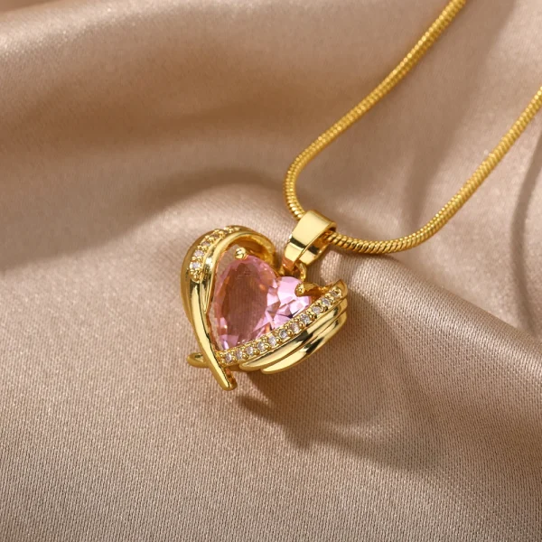 Bohemia Pink Cubic Zirconia Necklace For Women Stainless Steel Heart Wings Pendant Necklaces Crystal Choker Couple Jewerly Gift - Image 4