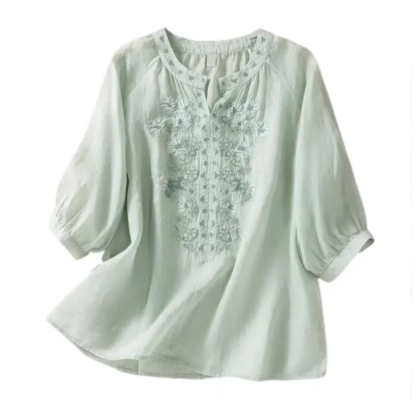 Cotton Linen Flower Embroidery Shirt Women Three Quarter Sleeves V Neck  Casual Blouse Loose Solid Color Mother Blouse Women Top - Image 10