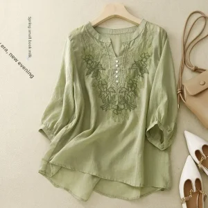 Summer New Fashion Embroidery Cotton Linen Artistic Shirt Top Vintage Shirt Women's Loose Fit Short Sleeves Women's