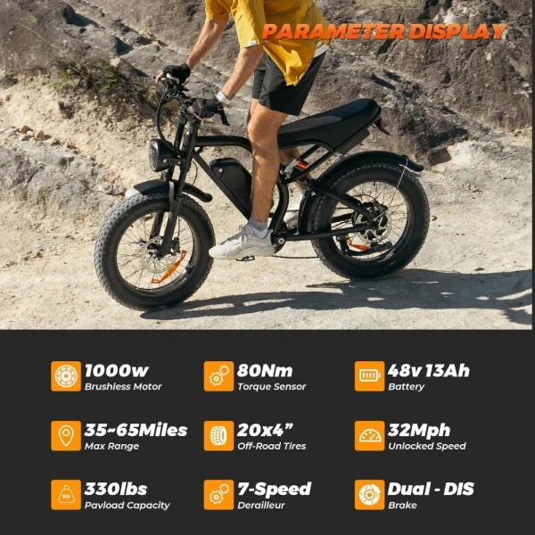 Electric Bike for Adults,20”x 4”Fat Tire Peak1500W Motor,7 Speed Electric Motorcycle Bicycle,48V15AH/13AH Battery 3 Riding Modes - Image 8