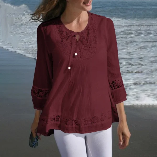 T Shirt Women Spring Autumn Cotton Linen Splicing Lace Temperament 3/4 Sleeve Loose Top T-shirt Tshirt women's Clothing YLY016 - Image 2