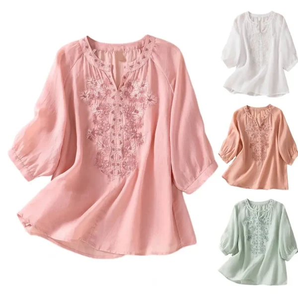 Cotton Linen Flower Embroidery Shirt Women Three Quarter Sleeves V Neck  Casual Blouse Loose Solid Color Mother Blouse Women Top - Image 23