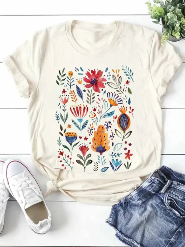 Harajuku Leisure 90s Fashion Women's Leisure Women's Flower Pattern T-Shirt Clothing Short Sleeve Printed Watercolor Trendy T-Sh - Image 2