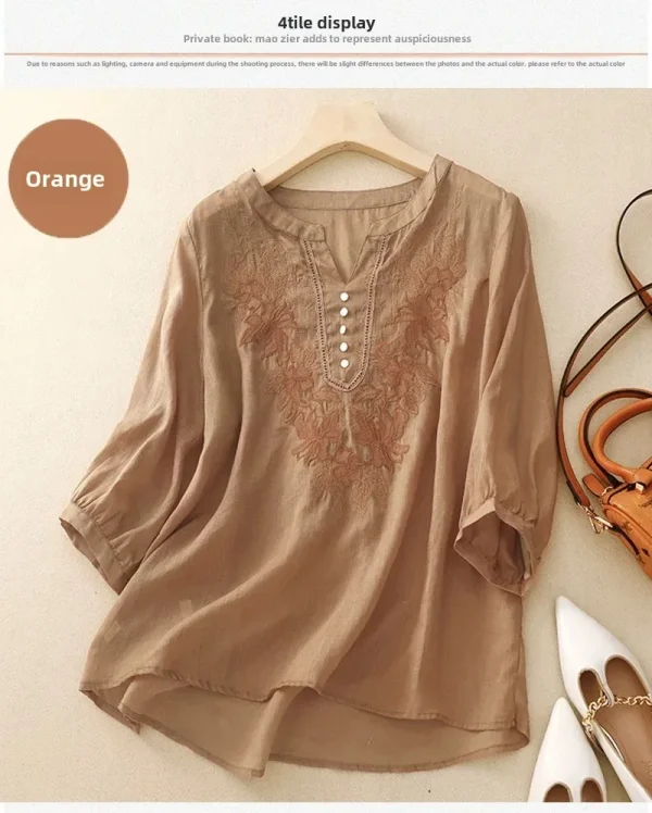 Summer New Fashion Embroidery Cotton Linen Artistic Shirt Top Vintage Shirt Women's Loose Fit Short Sleeves Women's - Image 12