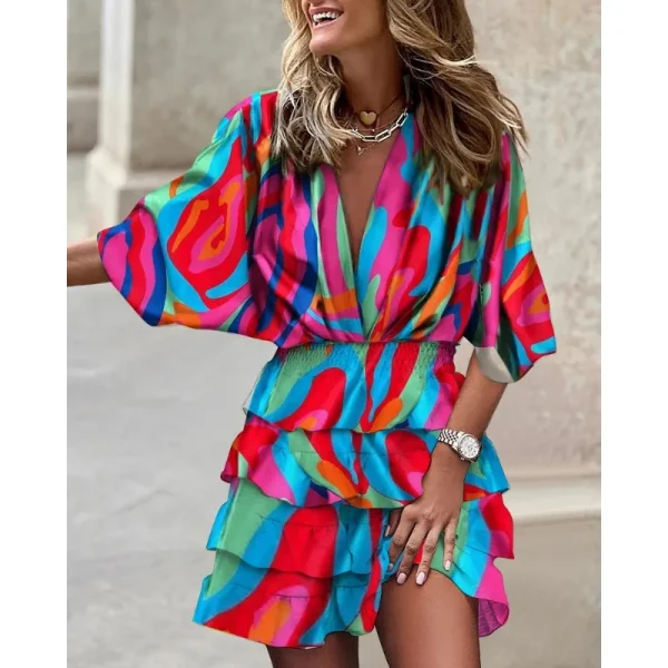 Women's Commuter Mid Sleeved Dress Spring/Summer Fashion V-neck Bat Sleeve Dress Tie Waist Irregular Casual Holiday Dress - Image 3