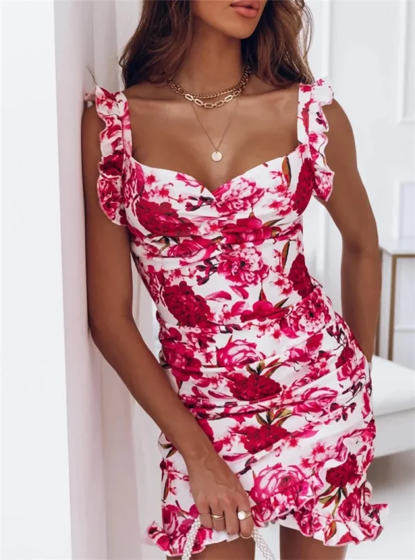 Sexy Dresses for Women Date Night - V-Neck Sleeveless Ruffle Floral Printed Sundress Casual Bodycon Dress - Image 2