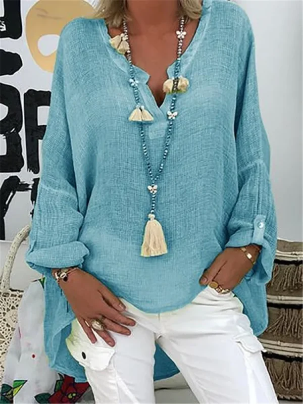 6-Color Loose Shirt Women's Casual Solid Color Top Spring Autumn V-Neck Long Sleeved Blouse - Image 9