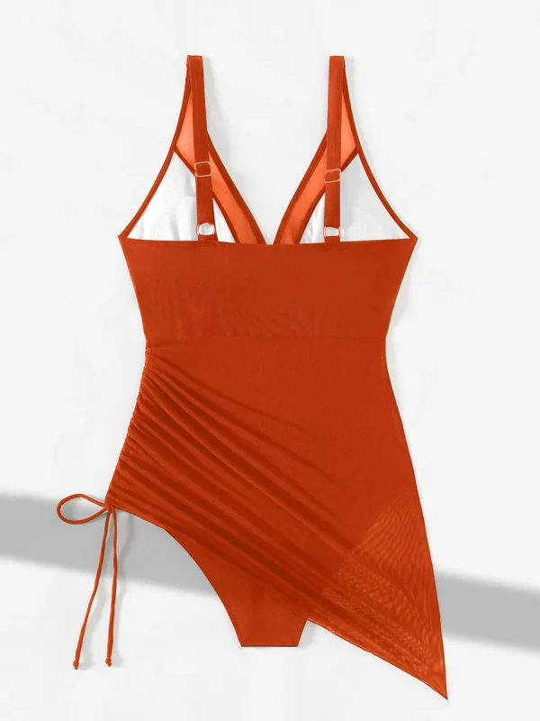 Women‘s Swimdress V Neck U Ring Sleeveless Bathing Suit Drawstring Mesh Sheer Swimwear - Image 13