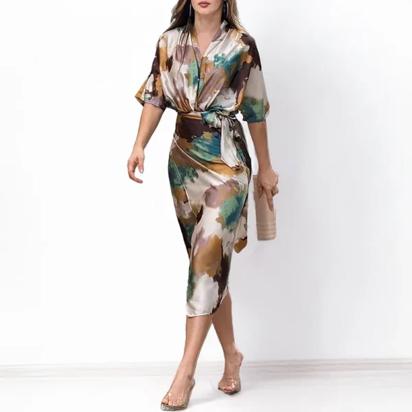 Elegant Women's Maxi Dress Summer Casual Office Solid Short Sleeve V Neck Waist Length With Belt Tie Up Slit Party Dresses - Image 8