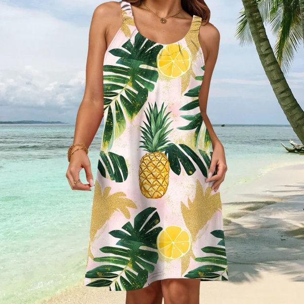 Summer Womens Boho Vacation Dress Casual Holiday Beach Sundress Hawaii Print Ruffle Sleeveless Round Neck Tank Dress Vestido - Image 14