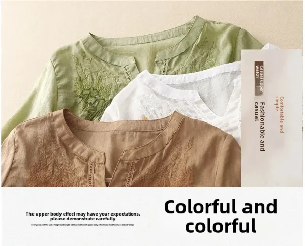 Summer New Fashion Embroidery Cotton Linen Artistic Shirt Top Vintage Shirt Women's Loose Fit Short Sleeves Women's - Image 9