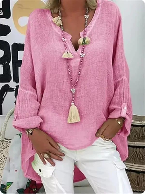 6-Color Loose Shirt Women's Casual Solid Color Top Spring Autumn V-Neck Long Sleeved Blouse - Image 6