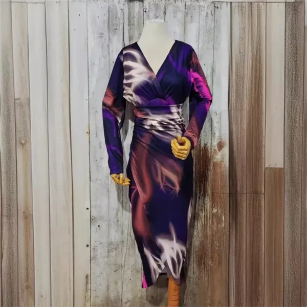2024 Autumn and Winter New Elegant V-neck Fashion Printed Slim Long Sleeve Narrow Dress High Waist Skirt - Image 4