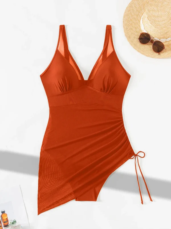 Women‘s Swimdress V Neck U Ring Sleeveless Bathing Suit Drawstring Mesh Sheer Swimwear - Image 4