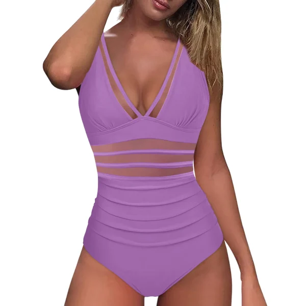 Mesh 1 Piece Swimsuit Sexy Deep V Swimwear Push Up Padded Bikini Solid Ruched Women Monokini Beachwear Brazilian Bathing Suit - Image 16