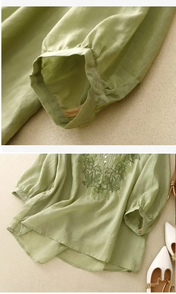Summer New Fashion Embroidery Cotton Linen Artistic Shirt Top Vintage Shirt Women's Loose Fit Short Sleeves Women's - Image 24