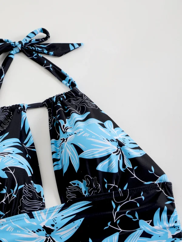 2025 Women's Swimsuit 1-Piece Swimsuit with Tropical Printed Neck Combo - High Elasticity Fabric, Vibrant Blue Black Flower Desi - Image 4