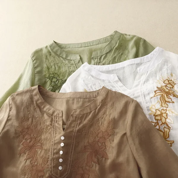 Summer New Fashion Embroidery Cotton Linen Artistic Shirt Top Vintage Shirt Women's Loose Fit Short Sleeves Women's - Image 4