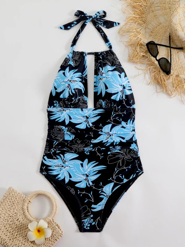 2025 Women's Swimsuit 1-Piece Swimsuit with Tropical Printed Neck Combo - High Elasticity Fabric, Vibrant Blue Black Flower Desi - Image 2