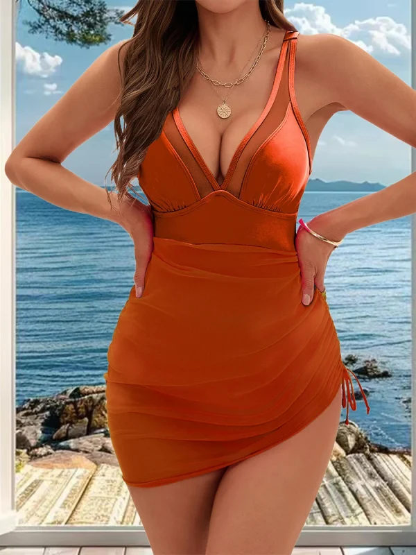 Women‘s Swimdress V Neck U Ring Sleeveless Bathing Suit Drawstring Mesh Sheer Swimwear - Image 3
