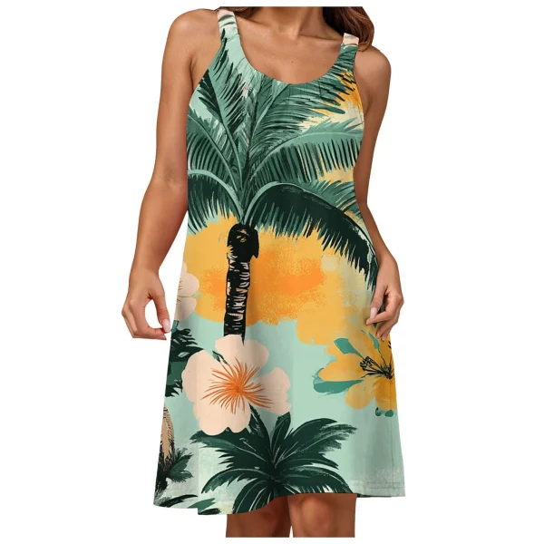 Summer Womens Boho Vacation Dress Casual Holiday Beach Sundress Hawaii Print Ruffle Sleeveless Round Neck Tank Dress Vestido - Image 19