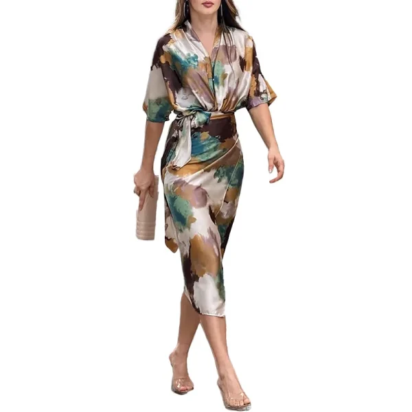 Elegant Women's Maxi Dress Summer Casual Office Solid Short Sleeve V Neck Waist Length With Belt Tie Up Slit Party Dresses - Image 12