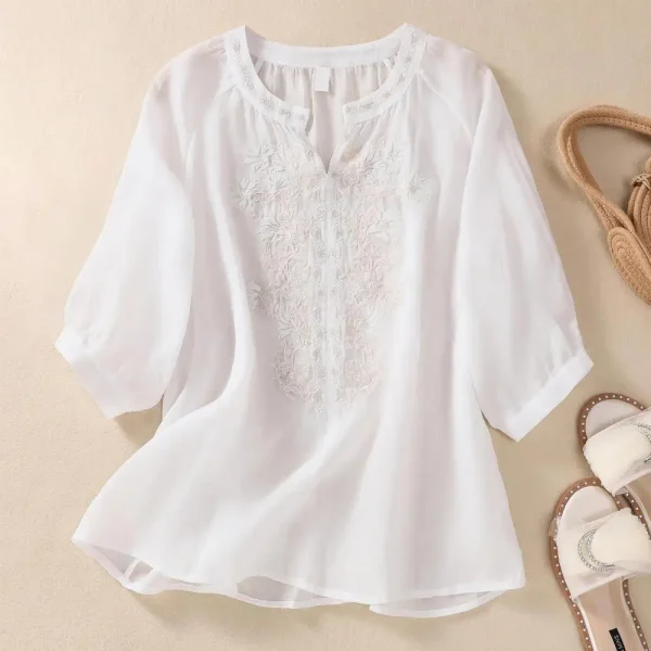 Cotton Linen Flower Embroidery Shirt Women Three Quarter Sleeves V Neck  Casual Blouse Loose Solid Color Mother Blouse Women Top - Image 16