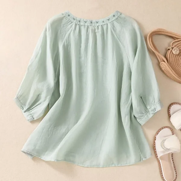 Cotton Linen Flower Embroidery Shirt Women Three Quarter Sleeves V Neck  Casual Blouse Loose Solid Color Mother Blouse Women Top - Image 14