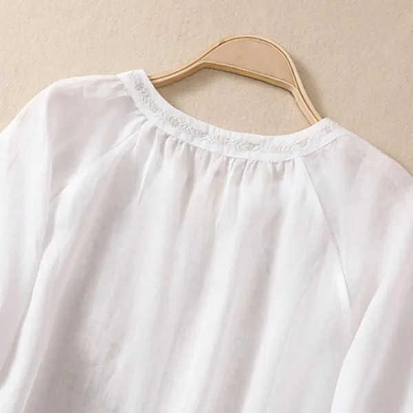 Cotton Linen Flower Embroidery Shirt Women Three Quarter Sleeves V Neck  Casual Blouse Loose Solid Color Mother Blouse Women Top - Image 18