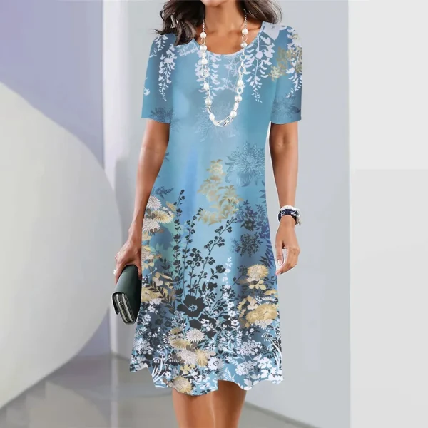 2024 Print Dress Elegant Floral Print Midi Dress For Women Round Neck A-line Knee Length Dress With Gradient Color For Ladies - Image 39