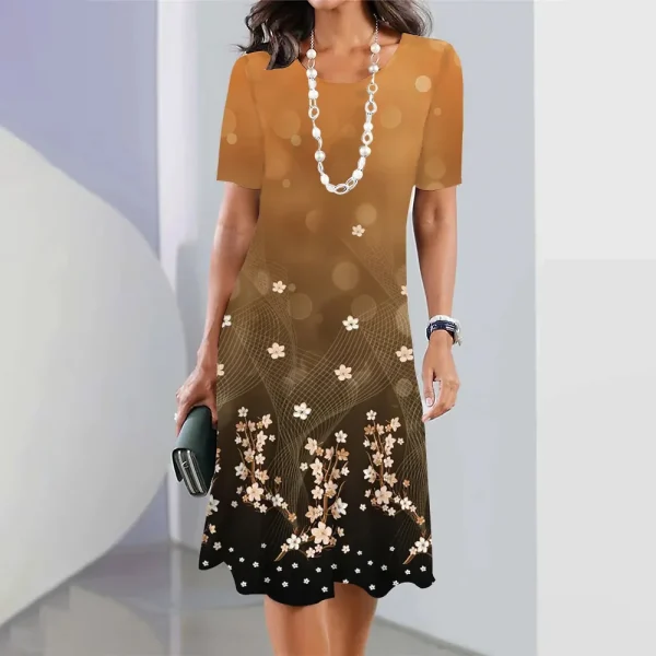 2024 Print Dress Elegant Floral Print Midi Dress For Women Round Neck A-line Knee Length Dress With Gradient Color For Ladies - Image 34