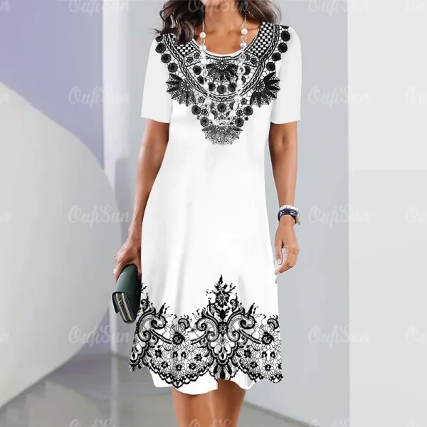 New Women's Vintage Dress Lace Printed Elegant Casual Short Sleeve Dress Y2k Fashion Plus Size Women's 2023 Women's Dresses - Image 13