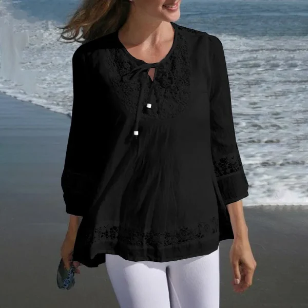 T Shirt Women Spring Autumn Cotton Linen Splicing Lace Temperament 3/4 Sleeve Loose Top T-shirt Tshirt women's Clothing YLY016 - Image 4