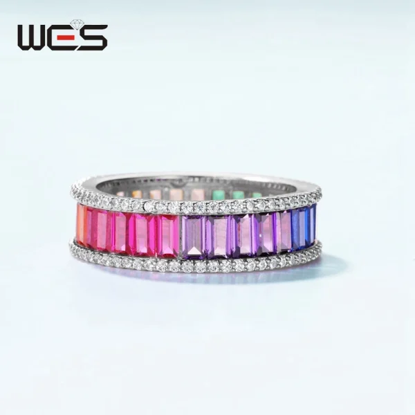 WES 925 Sterling Silver Rainbow CZ Rings for Woman Geometric Crystal Gemstone Wedding Jewelry Birthday Gift for Mom Wholesale - Image 18