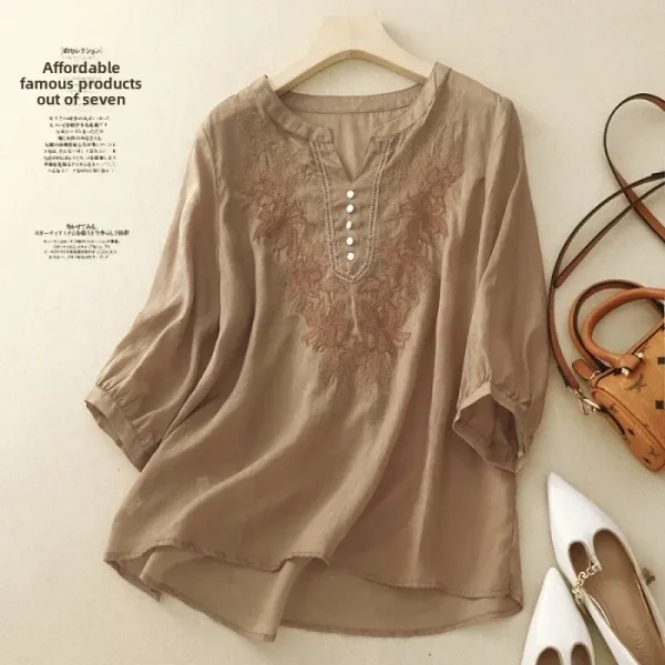 Summer New Fashion Embroidery Cotton Linen Artistic Shirt Top Vintage Shirt Women's Loose Fit Short Sleeves Women's - Image 6