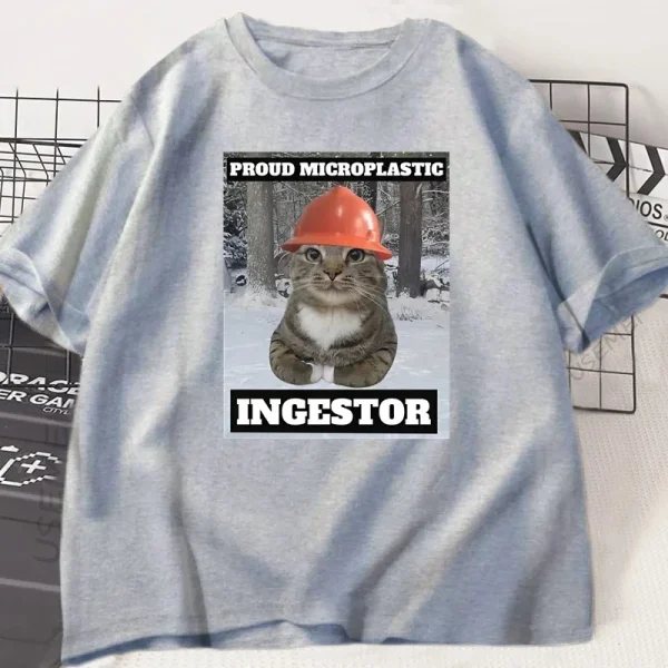 Cat Meme T Shirt Proud Microplastic Cat T-Shirt Short Sleeve Graphic Tee Casual O Neck Loose Tshirt Streetwearw Unisex - Image 4
