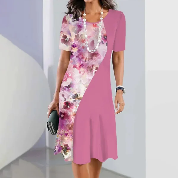 2024 Print Dress Elegant Floral Print Midi Dress For Women Round Neck A-line Knee Length Dress With Gradient Color For Ladies - Image 35