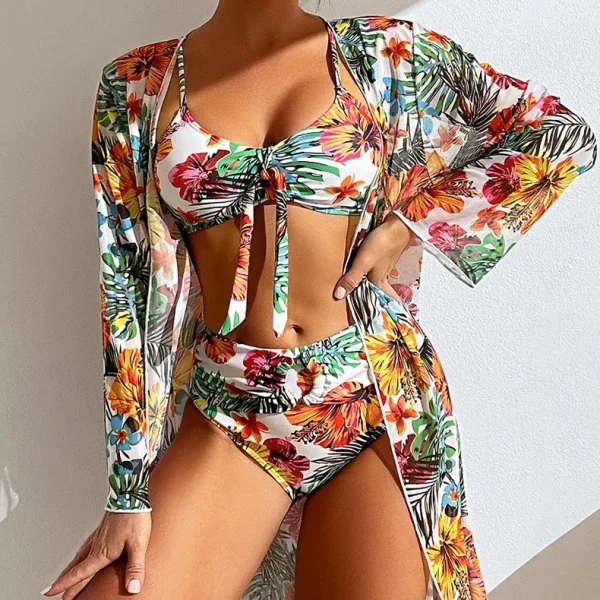 Split Three Piece Floral Printed Swimsuit Women Bikini Set Wireless Bra with Pad Sport Top Long sleeve Blouse Swimwear Plus Size - Image 14