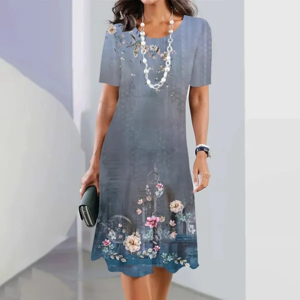 2024 Print Dress Elegant Floral Print Midi Dress For Women Round Neck A-line Knee Length Dress With Gradient Color For Ladies - Image 14